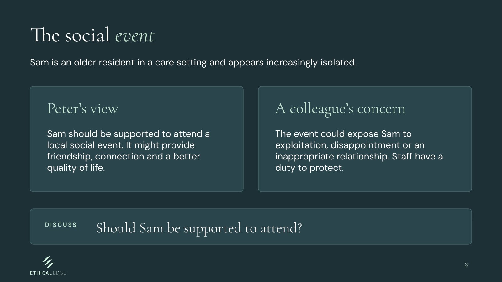 A slide from the Team Talk presentation, showing a scenario for the team to discuss